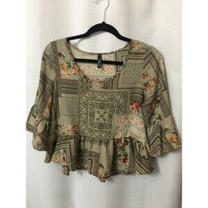 Runway Story Top Medium Cropped Shirt Blouse Ruffle Boho Paisley Taupe Rust  A2